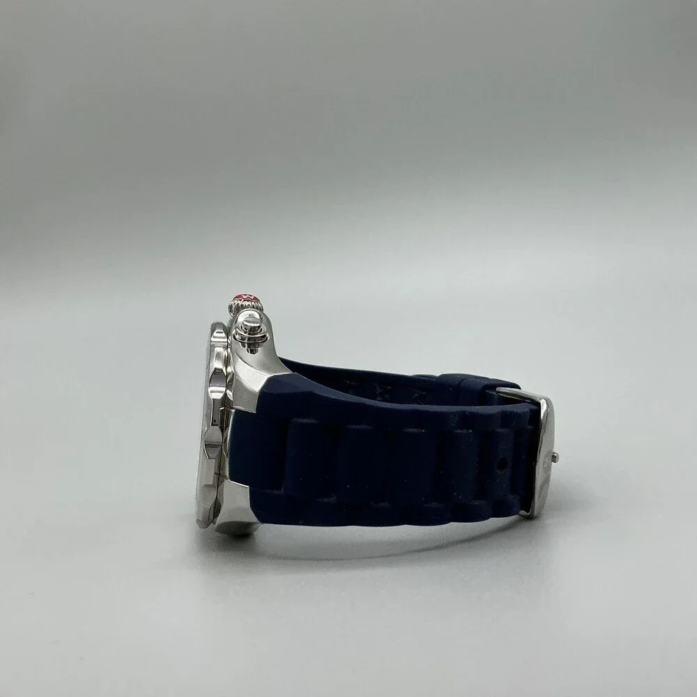 Michele Tahitian Womens Watch 41mm Silver Tone Chrono Blue Rubber New Battery